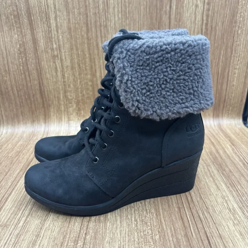 UGG Zea Waterproof Black Leather Gray Shearling Wedge‎ Heel Lace-Up Boots SIZE 8